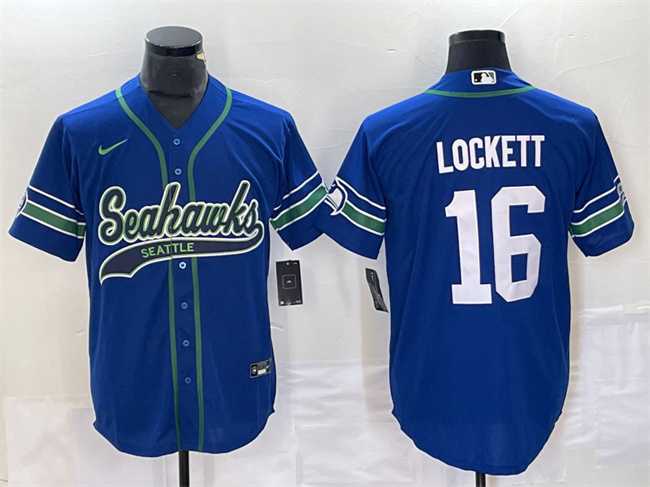 Men%27s Seattle Seahawks #16 Tyler Lockett Royal Throwback Cool Base Stitched Baseball Jersey
